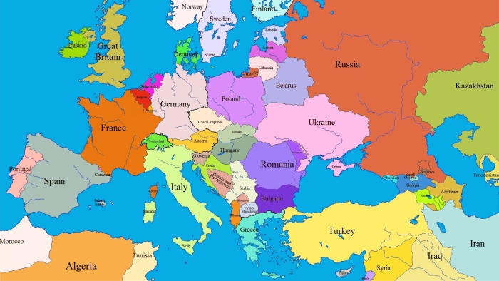 Карта Европы со странами на английском языке